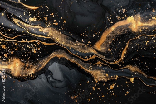 A painting of gold and black with a lot of gold. The gold is in the form of small dots and lines