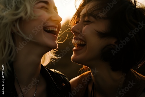 Close-up of two young women laughing joyfully in the sunlight, capturing a moment of happiness, friendship, and carefree spirit. photo