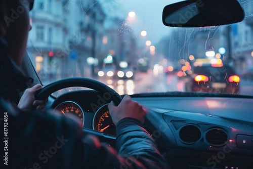 Person driving a car in a city during rain, with blurred urban lights and traffic visible through the wet windshield.