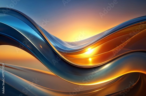 Abstract, modern design with glossy, flowing shapes, warm to cool color shift, reminiscent of sunrise/sunset, generative ai