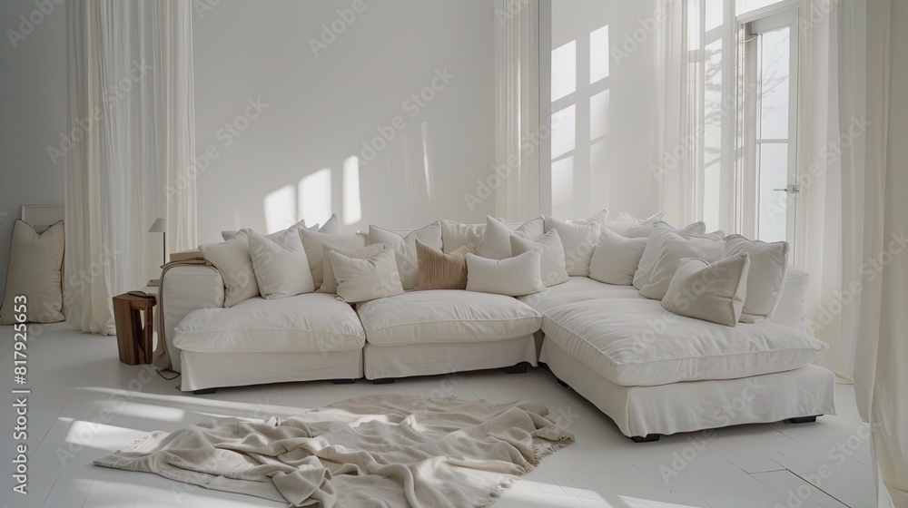 a Scandinavian living room adorned with a large grey sofa adorned with numerous pillows, complemented by white window curtains and grey walls, with a casually draped linen blanket on the floor a Scandinavian living room adorned with a large grey sofa adorned with numerous pillows, complemented by white window curtains and grey walls, with a casually draped linen blanket on the floor
