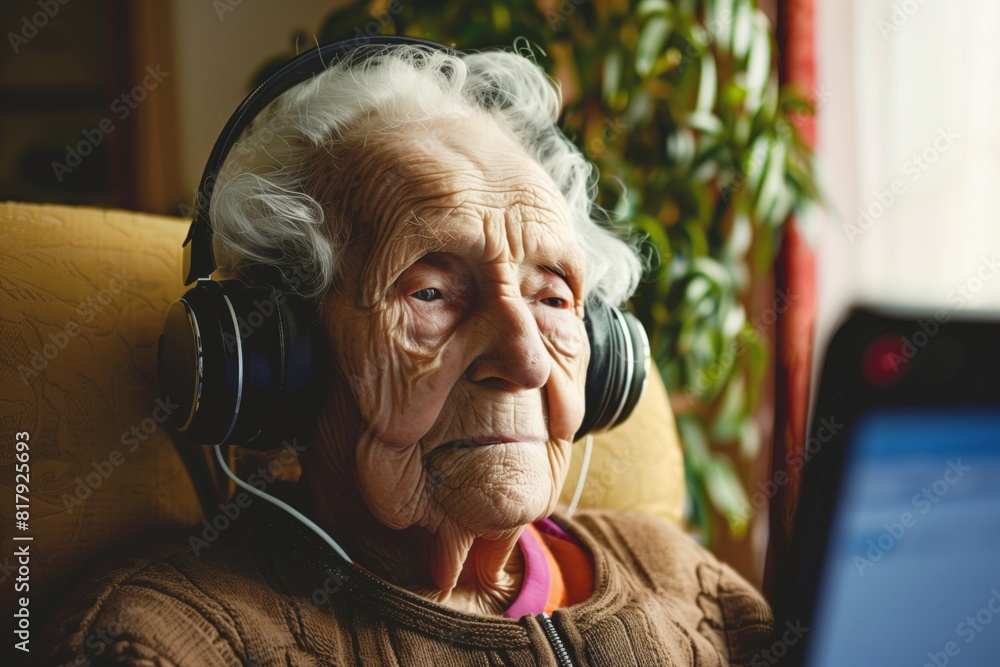 Obraz premium Elderly woman wearing headphones, sitting in a cozy chair and looking at a screen, with plants in the background.