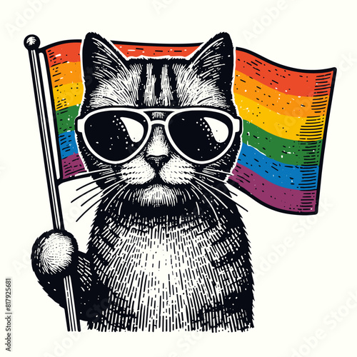 cool cat in sunglasses with LGBT flag, pride month illustration