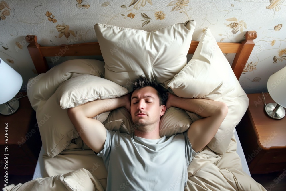 Man peacefully sleeping in bed with multiple pillows, hands resting behind his head, surrounded by warm lighting and cozy bedding.