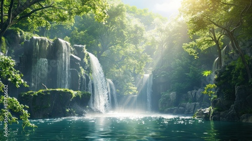 Lush Green Forest with Sunlit Waterfall A Soothing Watercolor Realism Landscape