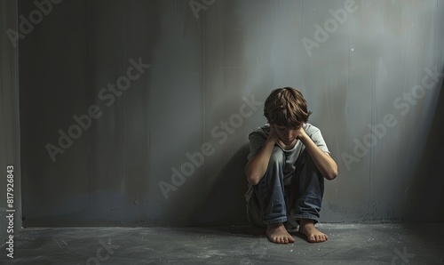 Lonely young boy sitting on the floor in the corner feeling unhappy in the dark room. Bullying, depression, scary concept.