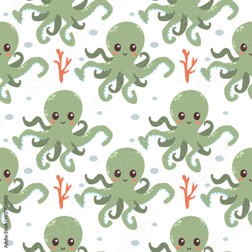 Vector seamless pattern with a cute smiling green octopus hand-drawn on a white background. Marine animals  ocean fish for your design
