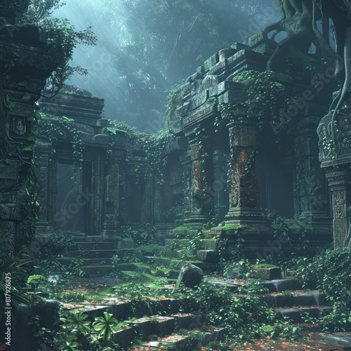 Ancient Ruins Reclaimed by Dense Jungle A D Rendered Invitation to Adventure and