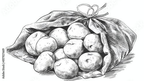 Monochrome drawing of potato tubers in burlap bag. photo