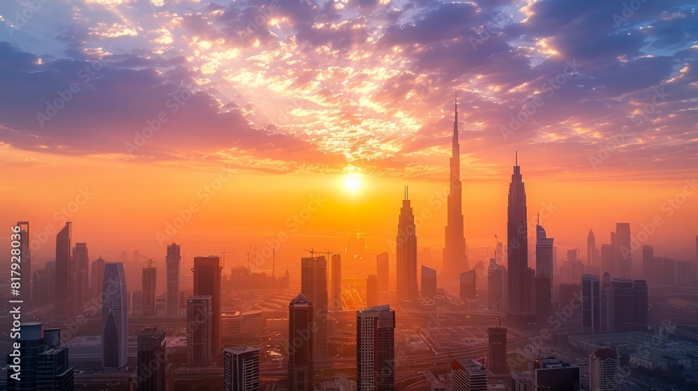 Obraz premium Cityscape at Dawn: A stunning panoramic view of a modern city skyline as the sun rises, illuminating the skyscrapers with a golden hue. The early morning light casts long shadows, creating a dramatic 