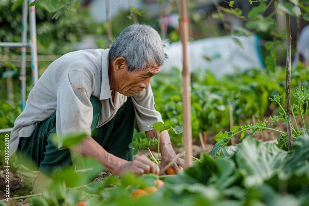 Elderly man tending to his vegetable garden, surrounded by lush green plants, focusing on nurturing the crops.