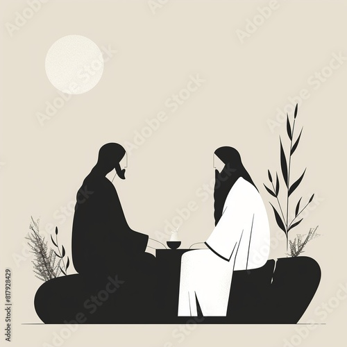  A minimalist illustration of Jesus with the Samaritan woman at the well of Jacob, showcasing simple and clean lines to create a serene atmosphere, with a focus on the interaction  photo