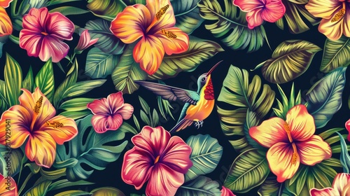 Elegant Botanical Floral Pattern  Flowers  Hummingbird Delight 
