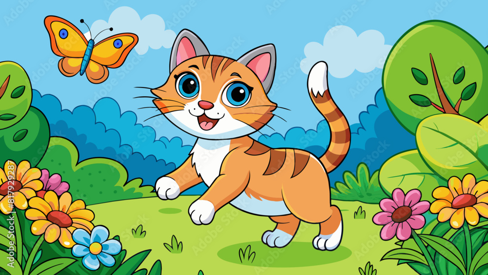 Fototapeta premium Playful Cartoon Cat Chasing Butterfly in Vibrant Nature Scene