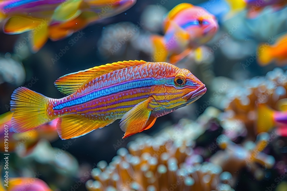 Wrasse fish cleaning parasites off larger marine creatures, showcasing symbiosis. Wrasse fish cleaning parasites off larger marine creatures, showcasing symbiosis.