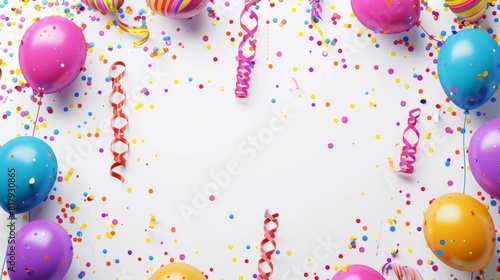 Birthday party background on blue and white. Top view. Frame made of colorful serpentine  balloons  candles  candies and confetti.