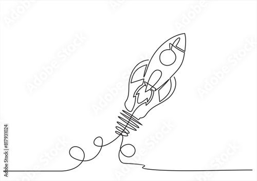 Launching a Light Bulb and rocket in one line drawing style. Smart startup project concept. Vector illustration