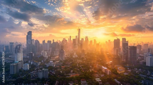 Cityscape at Dawn  A stunning panoramic view of a modern city skyline as the sun rises  illuminating the skyscrapers with a golden hue. The early morning light casts long shadows  creating a dramatic 