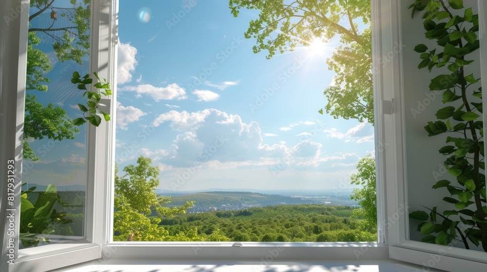 Fototapeta premium a large window framed in white, revealing lush green trees and a clear blue sky, with a quaint small town in the background.