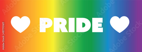Pride Month Banner With Rainbow Gradient Background. LGBTQ Pride Flag Colours. Rainbow symbol with heart LGBT text inclusion heart love for community