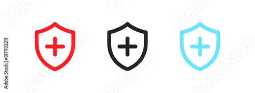 Shield with plus icons. Flat style. Vector icons