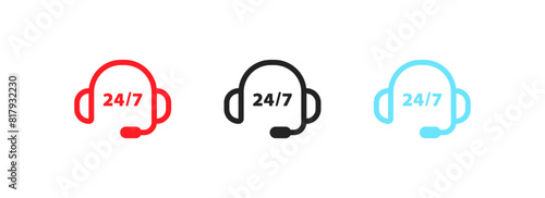 24/7 support icons. Headphones icons. Flat style