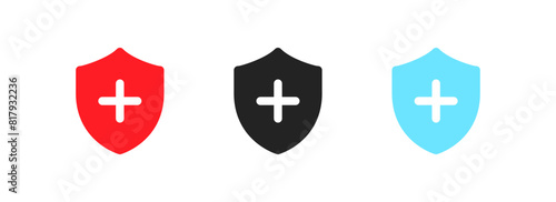 Add secure buttons. Shield with plus icons set. Flat style. Vector icons