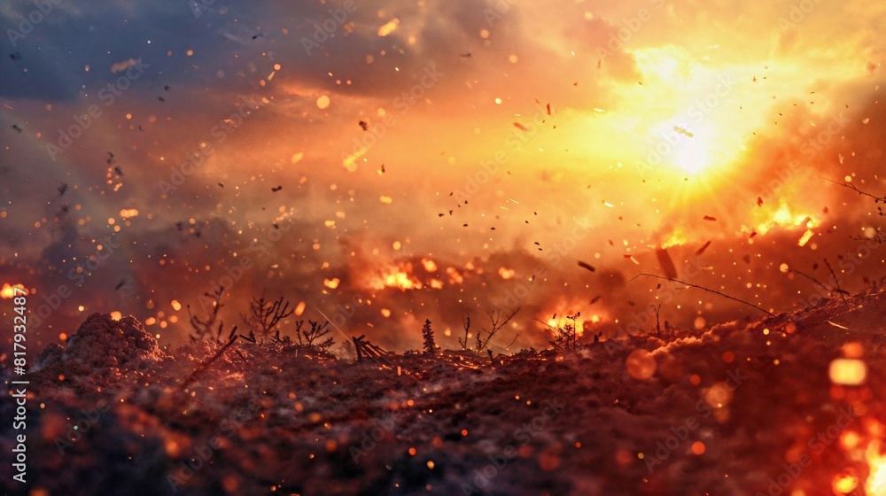 Fototapeta premium epic war zone landscapes, sparks and splinters of explosions