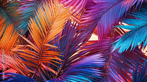 colorful gradient palm branches in retro style with background, copy space for text