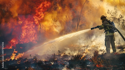 Firefighter Using a Hose: At the site of a fire, a firefighter operates a high-pressure hose, directing a powerful stream of water to extinguish the blaze