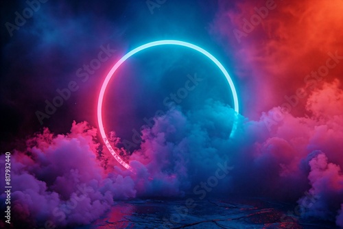 thick puffs of smoke in a dark room with a neon circle light in the center