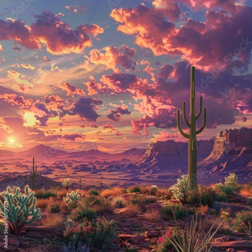 Desert Landscape with Solitary Cactus Basking in Vibrant Sunset and Distant Mountains photo