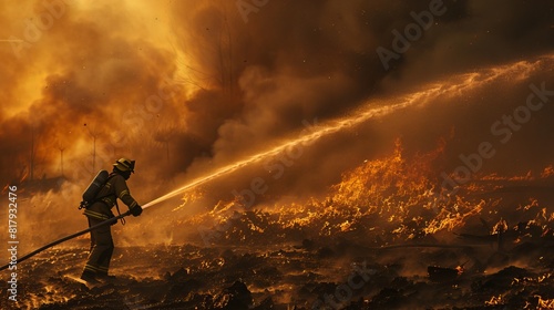 Firefighter Using a Hose: At the site of a fire, a firefighter operates a high-pressure hose, directing a powerful stream of water to extinguish the blaze