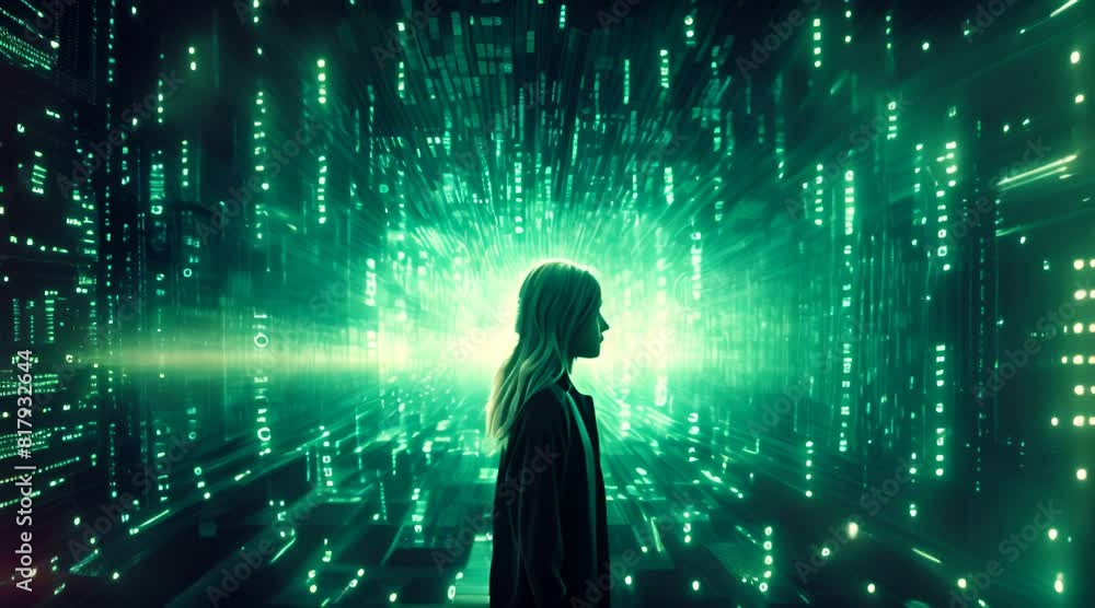 teenage girl on binary code background in digital world teenage girl on binary code background in digital world