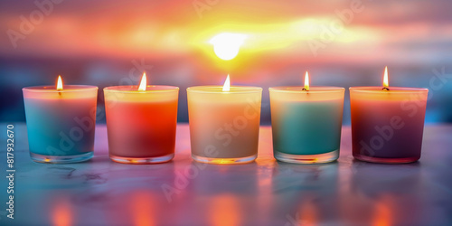 Colorful Aromatic Candles Burning at Sunset on a Marble Surface with Blurred Background