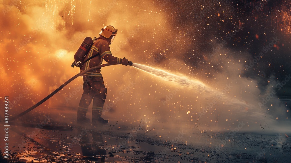 Naklejka premium Firefighter Using a Hose: At the site of a fire, a firefighter operates a high-pressure hose, directing a powerful stream of water to extinguish the blaze