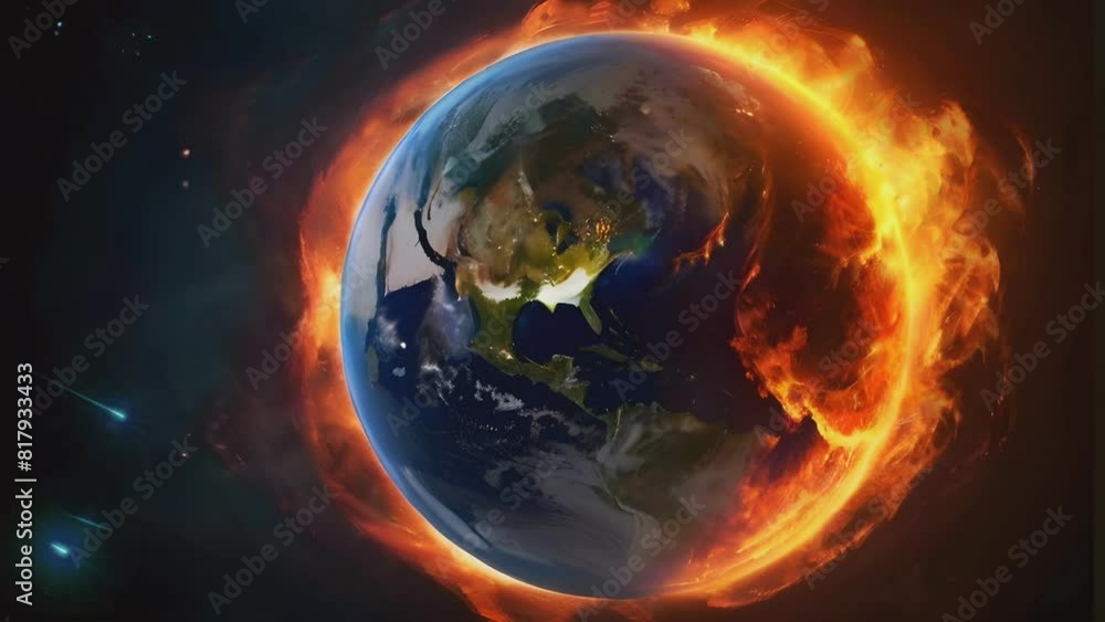 illustration of the earth with fire burning due to the global warming process, seamless looping time lapse virtual 4k video animation background. illustration of the earth with fire burning due to the global warming process, seamless looping time lapse virtual 4k video animation background.