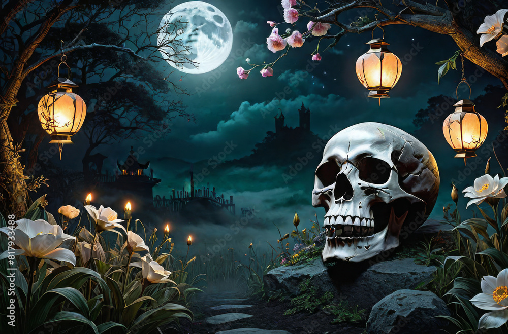 A gloomy night with a big moon, a skull and flowers. A gloomy night with a big moon, a skull and flowers.