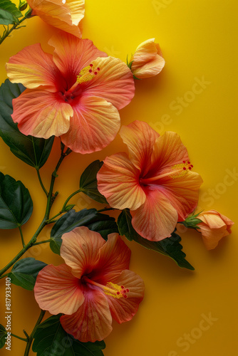 Vibrant Hibiscus Flowers on Sunny Yellow Background   Tropical Floral Beauty © smth.design