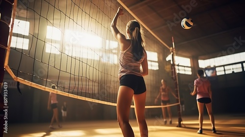female volleyball player holding the ball. Volleyball training, practice, competition on the field.