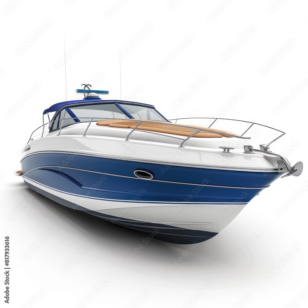 A blue and white boat is parked on a white background A blue and white boat is parked on a white background