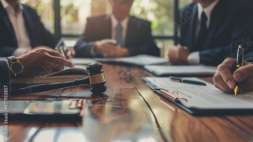 Lawyer in a Business Meeting: At a corporate meeting, a lawyer advises business leaders on legal matters, ensuring that all contracts and agreements are in compliance with the law photo