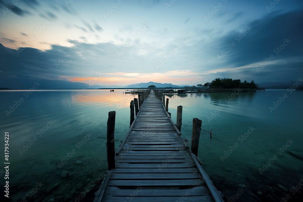 A tranquil lake with a wooden dock leading to a small house under a vibrant sunset with cloudy reflections