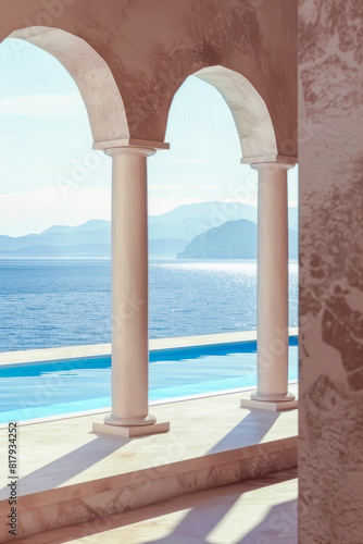A serene view of the ocean and mountains through arches from a luxurious poolside terrace  under a sunlit sky