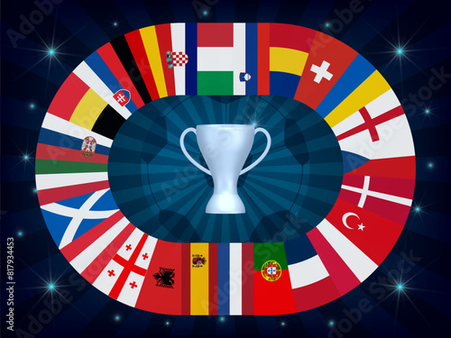 Concept of  football cup 2024. Design of a stylish football championship background. Vector realistic 3d trophy  and flags of all countries participating in the competition. Design element for cards, 