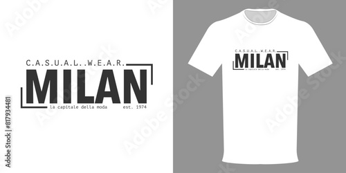 Vector illustration of a fashionable MILAN T-shirt. Typographic print casual wear. Minimal style t-shirt design