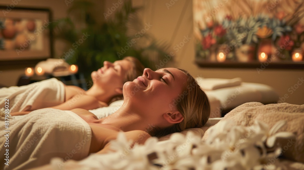 Two women are reclining on massage tables in a soothing, dimly lit room, receiving a couples massage from skilled therapists