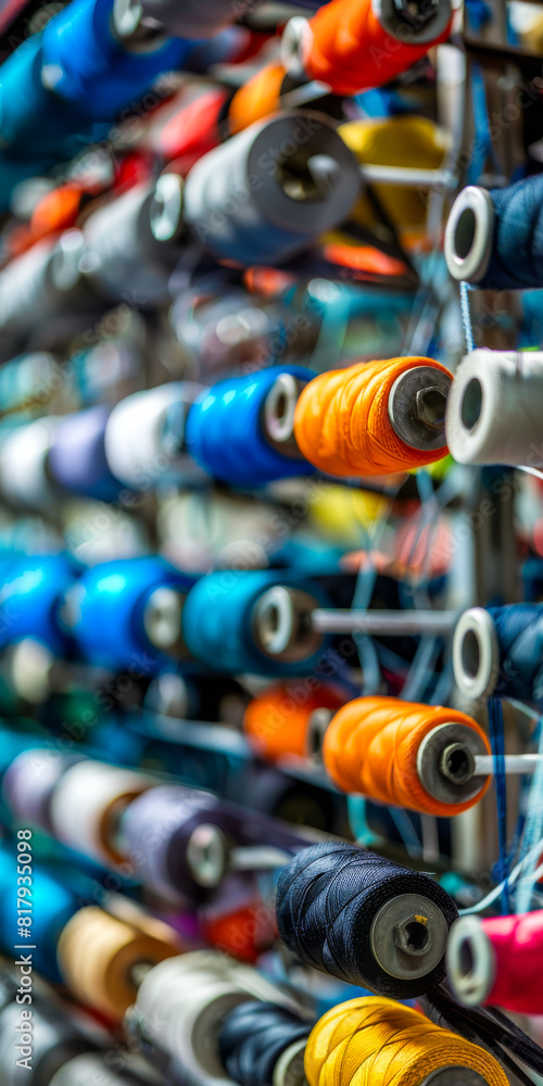 Colorful Thread Spools on Wall Display in Sewing Studio Textile and Craft Supplies Colorful Thread Spools on Wall Display in Sewing Studio Textile and Craft Supplies