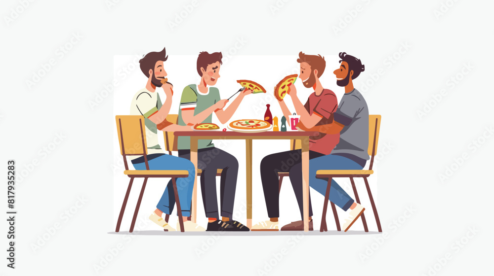 People eating pizza at table. Men friends having meal