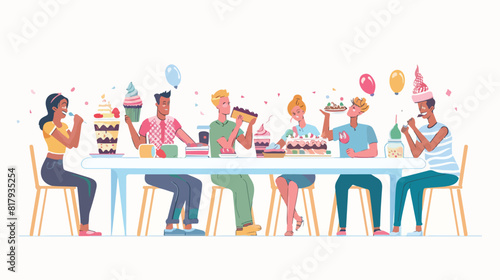 People eating desserts. Banner with men and women enj photo